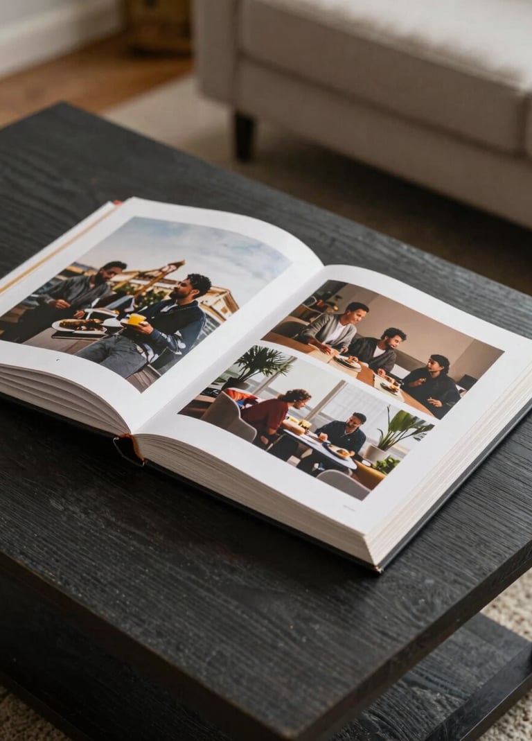 A still-life photograph of a high-quality, linen-bound photo album lying open on a dark charcoal wooden coffee table in a North American / US living room. The pages show cinematic lifestyle portraits. Warm, inviting interior lighting with soft sand highlights.