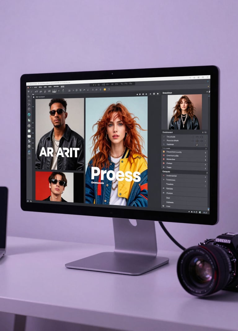 A modern digital media suite in a North American studio, showing a high-resolution monitor displaying a vibrant artist press kit, surrounded by soft lavender lighting.