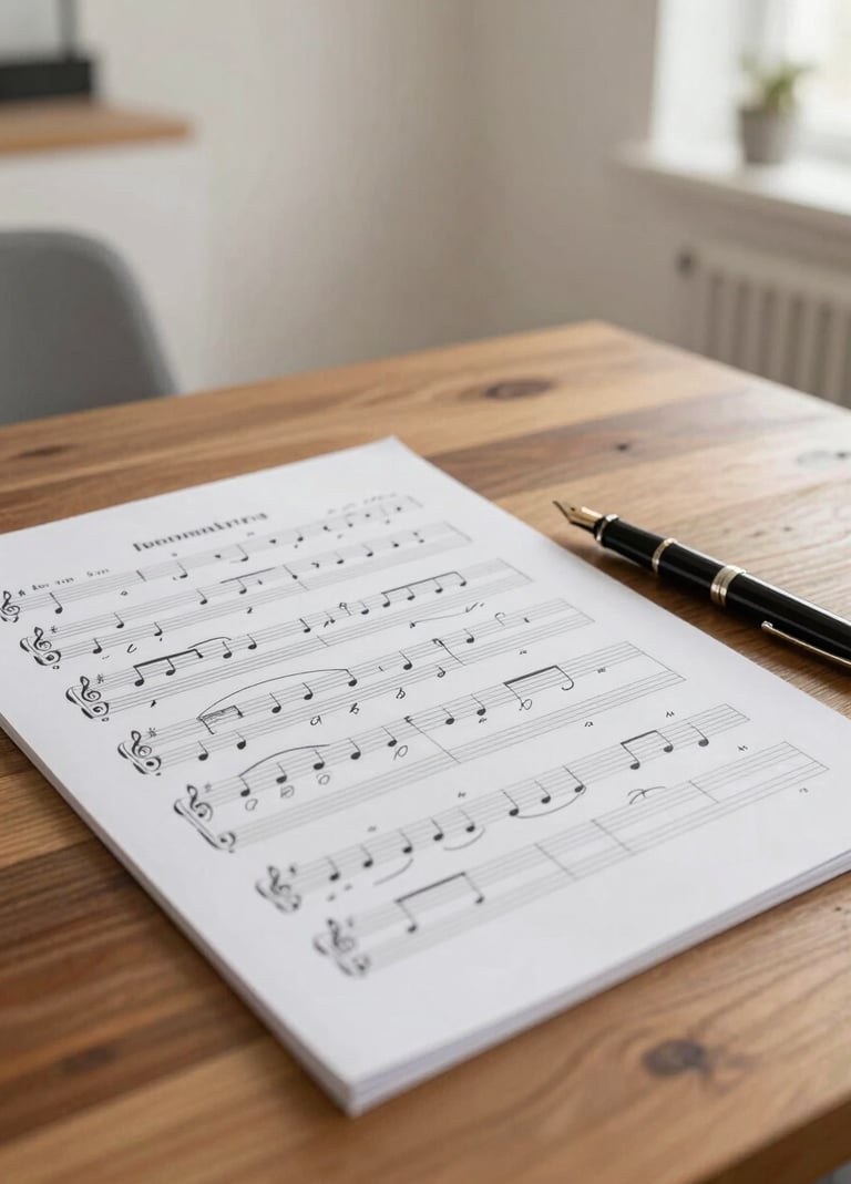 A detailed shot of sheet music with handwritten notes and a fountain pen on a wooden table. The scene is set in a bright, modern Latin American / Spanish study with soft off-white walls and minimalist furniture.