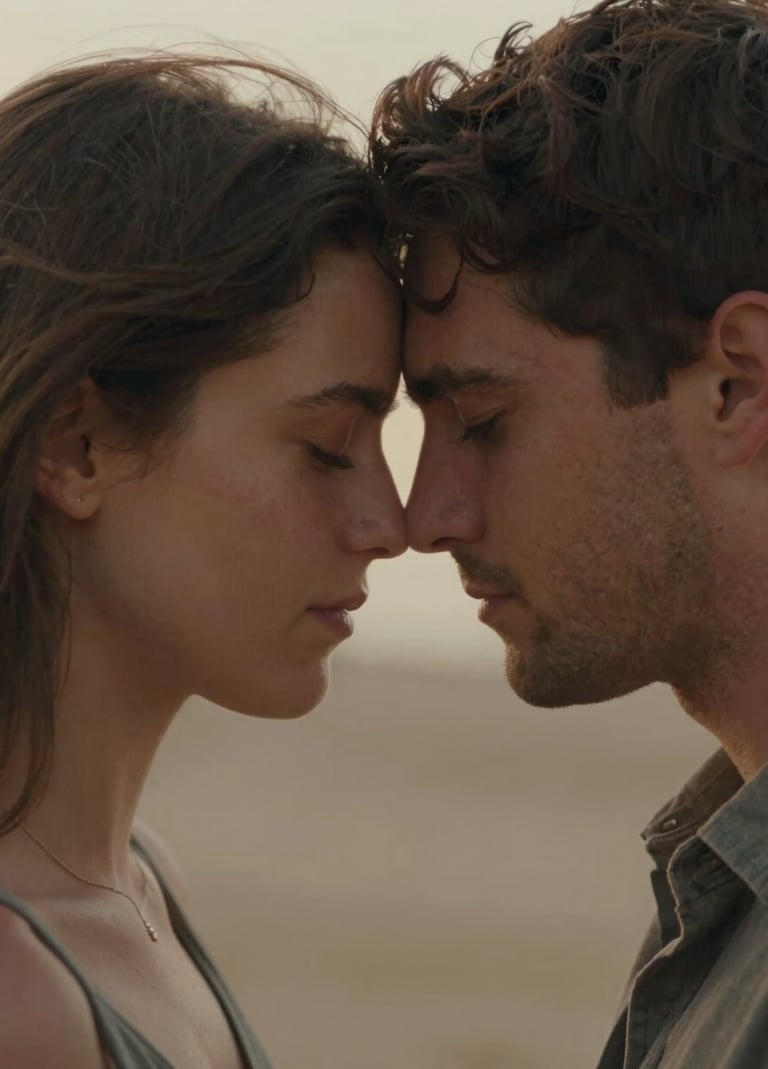 A close-up, cinematic shot of Sarah and Tom sharing a quiet moment, their foreheads touching. The lighting is warm and hazy, with soft terracotta highlights on their skin and a blurred soft sand background.