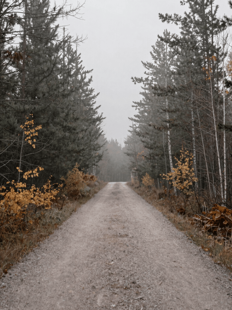 A wide-angle landscape photograph of a North American / Canadian forest during autumn, minimalist composition focusing on a single path, muted grey and taupe tones in the misty morning light.