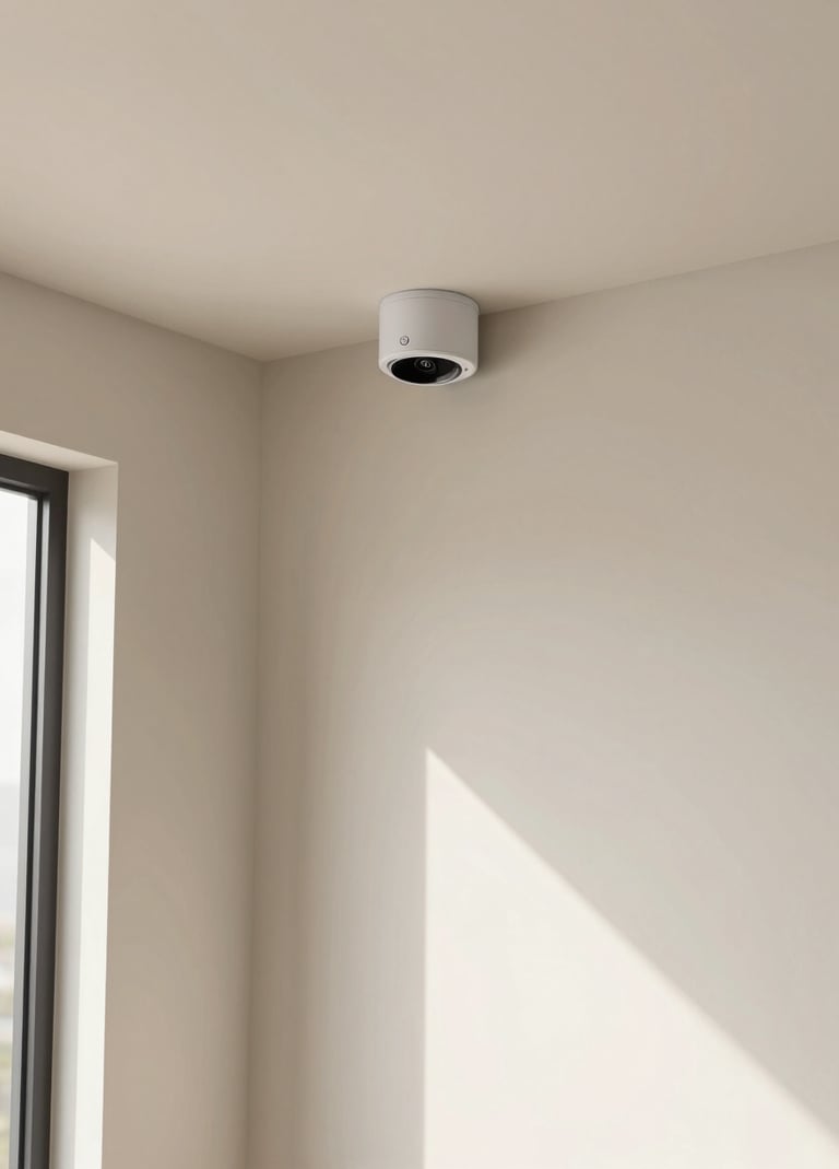 Sleek motion sensor installed in the corner of a high-ceiling room with soft off-white walls, natural light filtering in, modern South American / Brazilian architectural style.