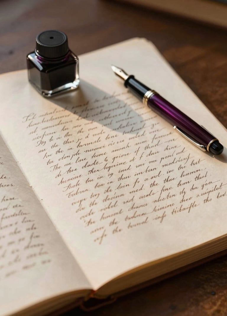A detailed still-life photography of a heavy cotton paper manuscript with elegant cursive handwriting. A Warm Sunset Ochre inkwell and a Deep Plum Twilight fountain pen sit nearby. The composition is spacious and scholarly, captured in a quiet International / Western library setting with soft light.
