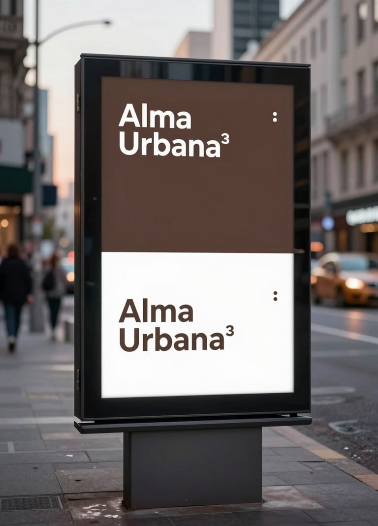 A cinematic, spontaneous medium shot of a digital billboard in a clean urban environment showing the 'Alma Urbana' campaign. The lighting is early evening, with a palette of #3A3F3B and #F8F6F2. Professional and sophisticated mood.