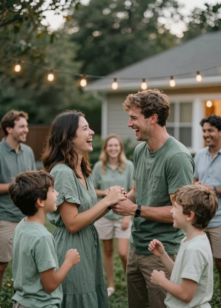 A candid photography shot of a family event in a North American / US backyard. People are laughing under warm string lights. The composition is artistic with a shallow depth of field, highlighting the heartfelt connection. Tones of Sage Green and Stone dominate the environment.