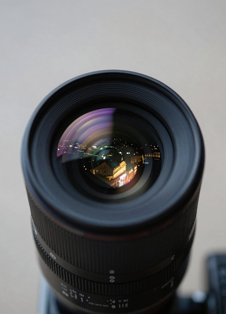 A close-up of a high-end cinema camera lens reflecting the subtle city lights of Bordeaux at night, #0A0A0A and #2C3E50 tones, shallow depth of field, premium minimalist aesthetic.