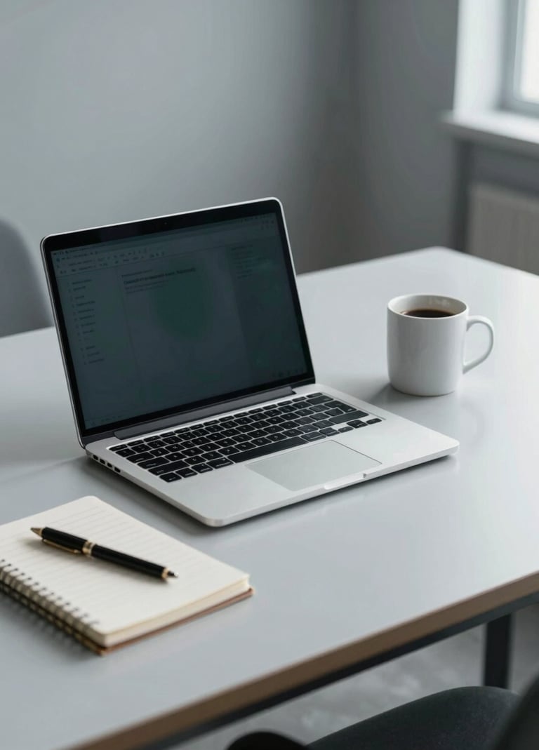 A clean, modern office desk with a laptop, a notebook, and a coffee mug. The lighting is soft and professional, using a mist gray and steel teal palette.