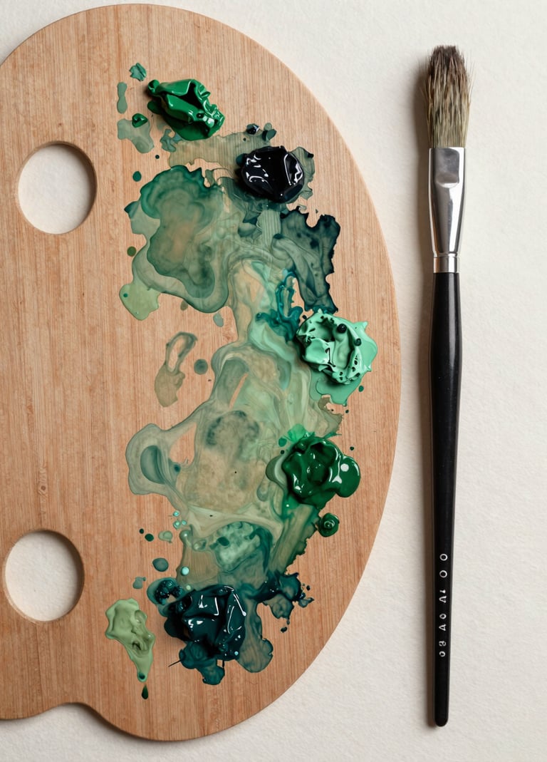 A top-down view of a wooden artist palette with smears of sage green and dark forest green watercolor paint, next to a high-quality squirrel-hair brush on textured off-white paper.