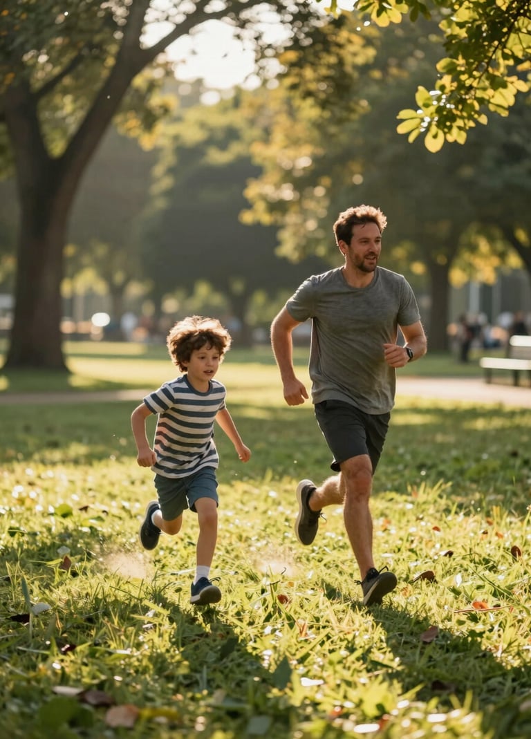 A candid shot of a father and son running through a sun-drenched park, captured in motion. The lighting is bright and warm, emphasizing a sense of freedom and authenticity. The environment is lush but bathed in the golden almond light of evening.