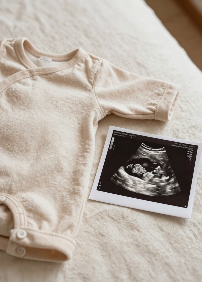 A close-up artistic shot of a newborn's first outfit and a sonogram, laid out on a cream-colored linen surface in a South American / Brazilian home. The lighting is soft and natural, emphasizing the textures and the brand's soft beige and off-white tones.