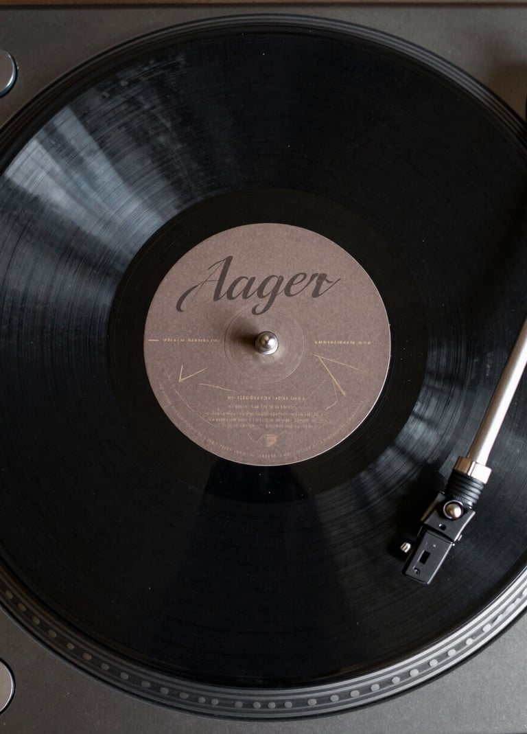 A minimalist top-down shot of a vinyl record spinning on a turntable. The record label features elegant typography in muted brown and taupe, set against a dark charcoal matte surface.