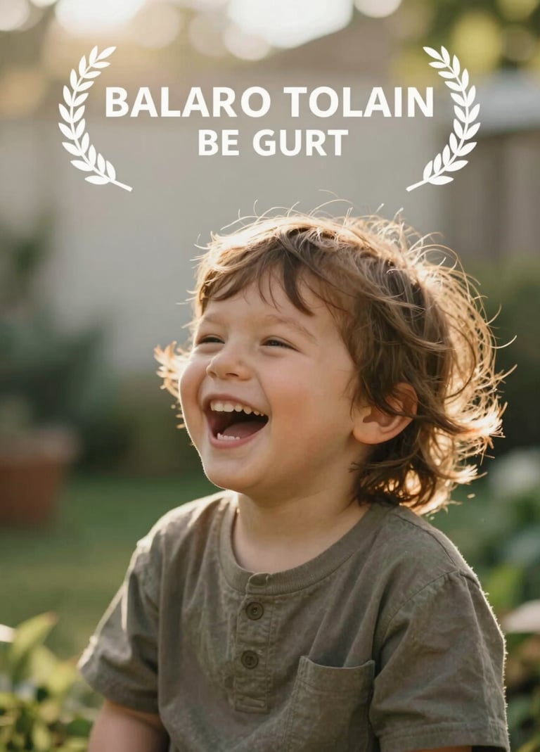 Cinematic photography of a small child laughing in a sun-drenched garden. Soft golden oak light catching the hair, shallow depth of field with a soft off-white blurred background. Natural and warm atmosphere.