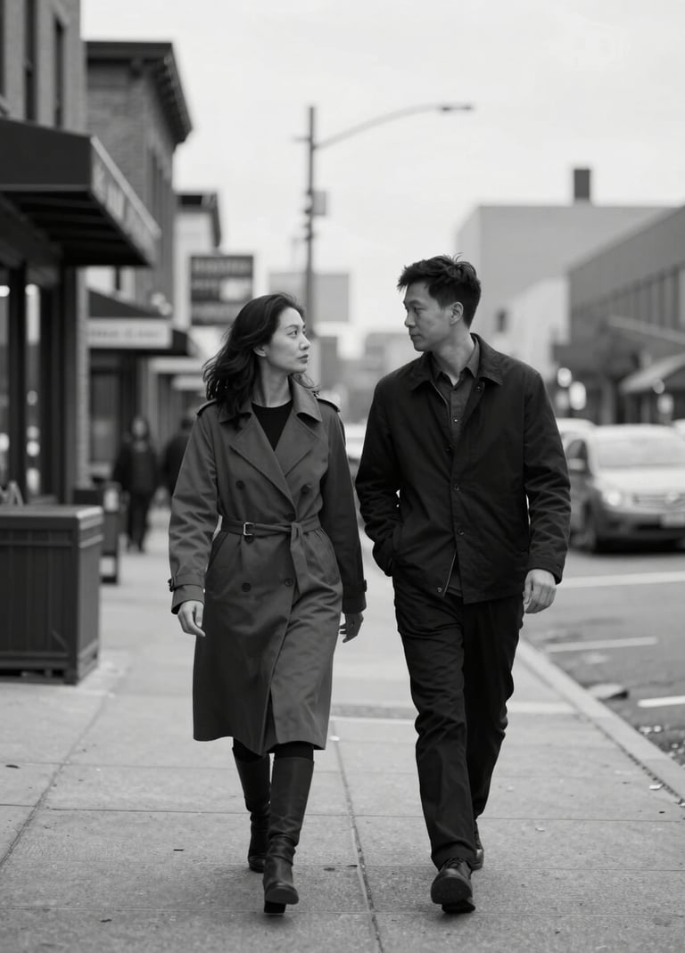 A minimalist black and white candid shot of a couple walking together on a quiet North American city street, soft natural lighting, high-end professional photography style.