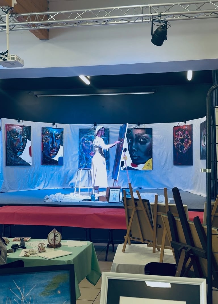 Artiste peintre en performance live sur scène en Bourgogne-Franche-Comté devant ses grandes œuvres originales