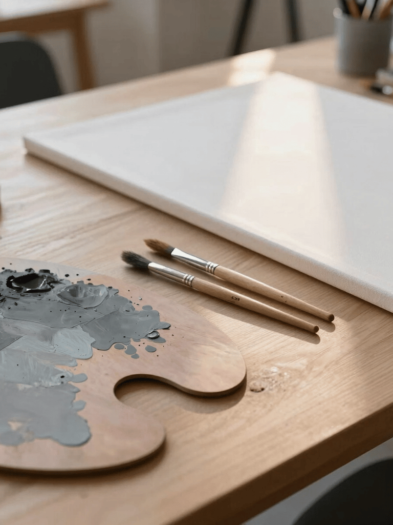Close-up of a minimalist artist's workspace in a European French studio. A clean wooden table holds a palette with shades of gray and charcoal paint, several fine brushes, and a blank canvas reflecting soft morning light. The atmosphere is serene and orderly.