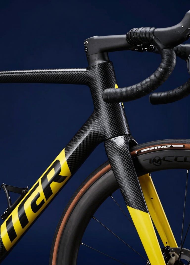 A close-up, high-detail shot of a high-end road bicycle frame with carbon fiber texture, featuring sleek yellow accents against a deep navy blue background. The lighting is dramatic and moody, emphasizing forward-thinking design and a passion for engineering and hobbyist precision.