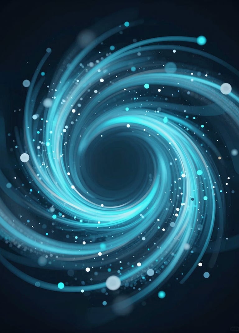 A high-tech digital render of abstract fluid particles flowing in a vortex. The lighting is focused and dramatic, featuring shades of #8FE3F5 and #4A6B8A against a deep #0d1026 background, emphasizing motion and precision.