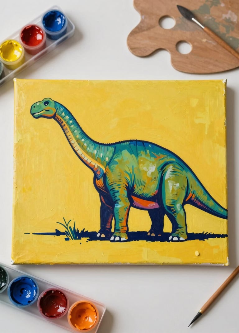 A high-angle shot of an artist's palette covered in #1F3A4B, #D87D51, and #C6B29B acrylic paints next to a finished painting of a Brachiosaurus in a bold, pop-art style.