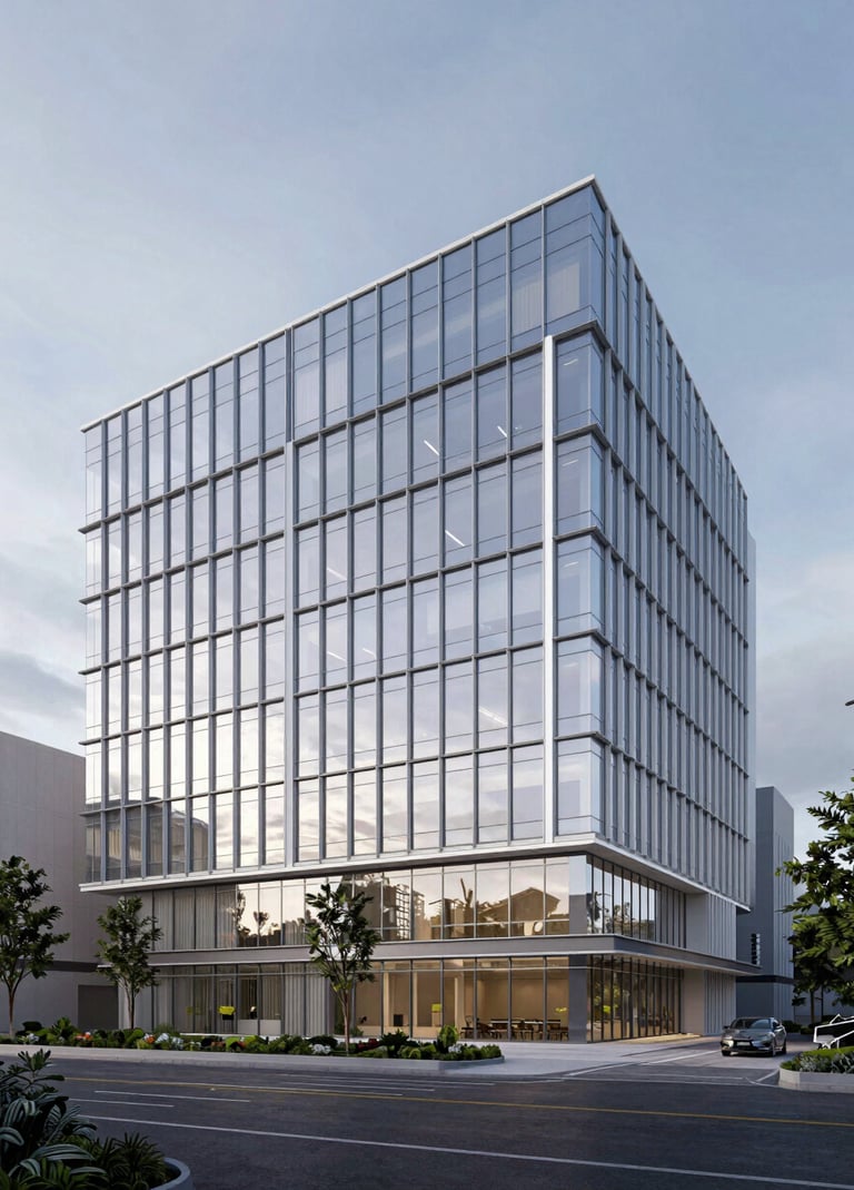 A professional 3D rendering of a proposed campus building with a glass facade, reflecting a soft white and steel blue sky in a North American / US urban setting. The design is aspiring and forward-looking.
