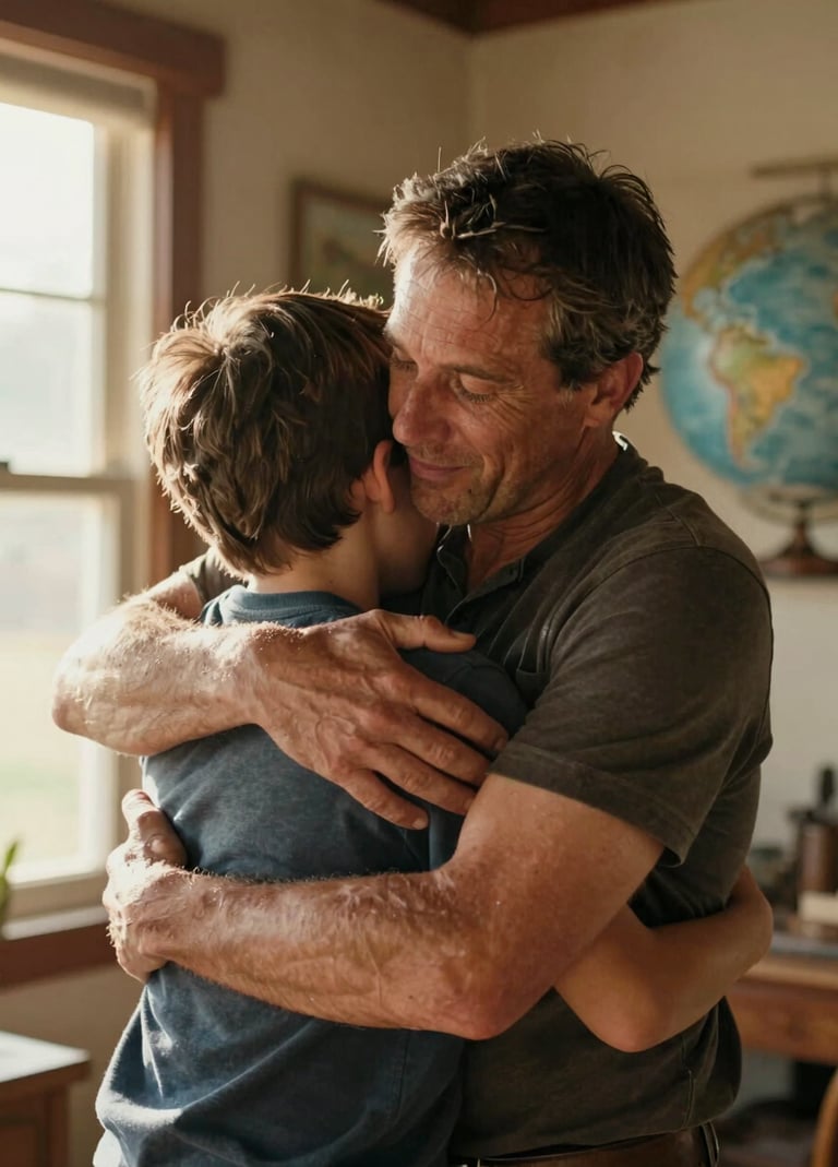 A candid, tight portrait of a father and son sharing a genuine hug in a Western / Global home setting. The light from a nearby window is warm and sun-drenched. The style is cinematic and authentic, focusing on the human connection.