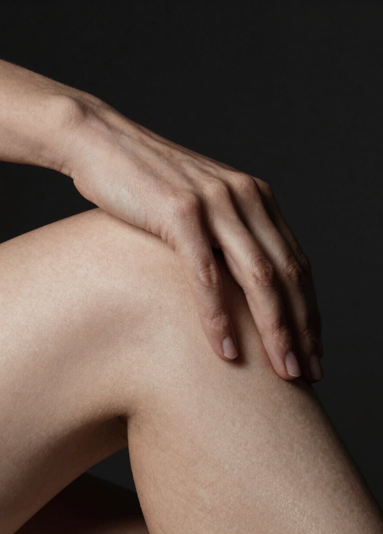 A minimalist macro photograph focusing on the soft texture of skin where a hand rests upon a knee. The lighting is extremely low-key, with a single soft light source from the side creating a gentle highlight in off-white against deep charcoal and dark black shadows. North American / US studio setting.