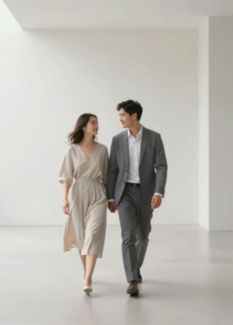 Artistic portrait of a couple walking through a minimalist architectural space with clean lines and soft lighting, incorporating the palette colors #FDFDFD and #A39E97.