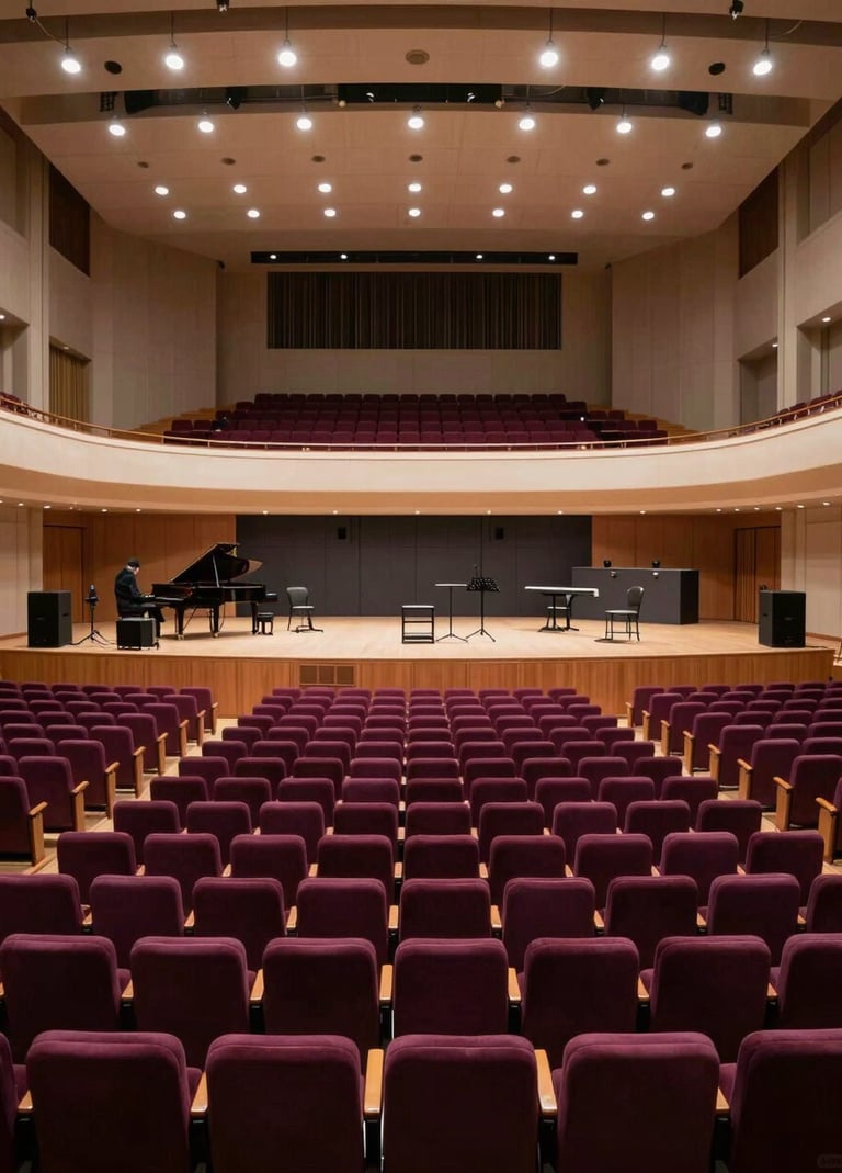 A wide-angle shot of a grand concert hall prepared for a performance. The empty seats are a deep muted plum color. On stage, dark charcoal equipment is precisely arranged under soft off-white spotlights, creating an atmosphere of professional polish and anticipation.
