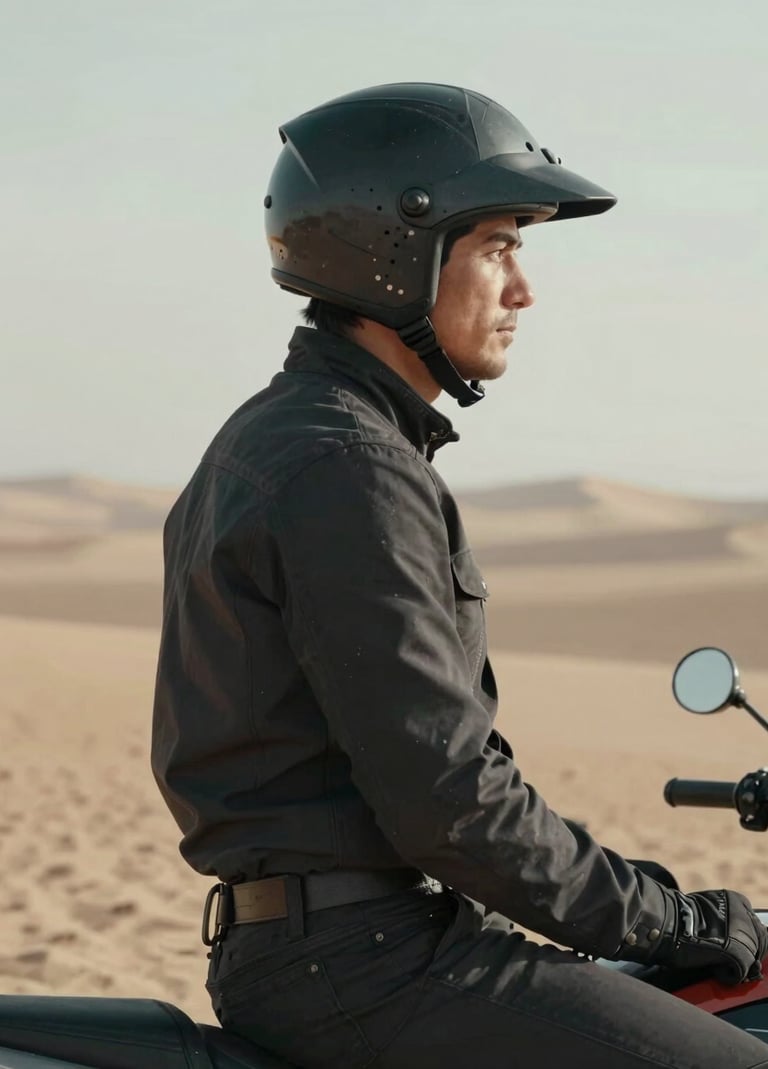 A candid portrait of a rider in Global / Western gear, helmet off, looking out across the vast desert landscape. The lighting is soft and natural, emphasizing a contemplative, storytelling mood. The rider wears dark charcoal attire.