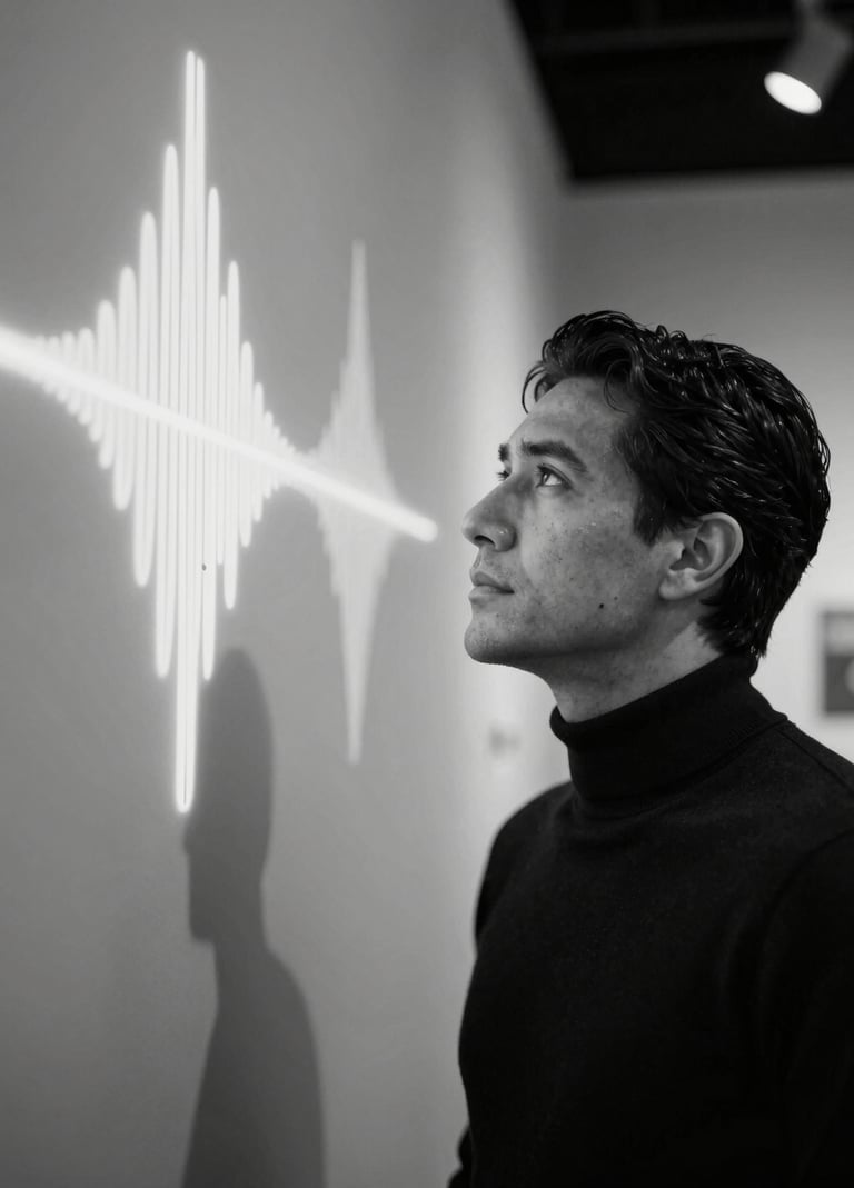 Artistic black and white portrait of a man in a black turtleneck, looking thoughtfully at a sound wave projection on a wall. North American / Mexican context, cinematic lighting, elegant and professional.