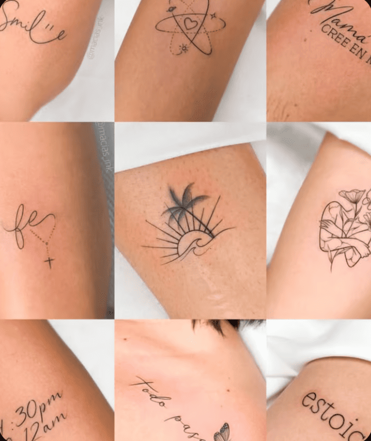 Collage of minimalist fine line tattoos featuring sun, palm tree, cross, and script designs.