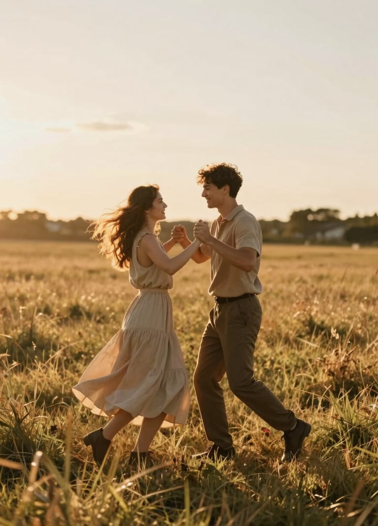 A cinematic wide shot of a young couple dancing spontaneously in a sun-drenched meadow. The lighting is warm golden hour, casting long shadows. The mood is authentic and joyful. The color palette includes soft golds and earthy browns inspired by #AD7B5B.