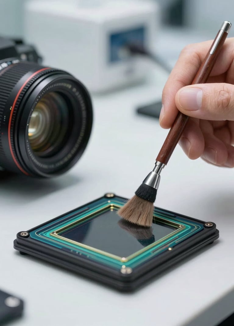 Detailed view of a camera sensor being meticulously cleaned with a specialized swab in a clean, modern lab setting, soft white lighting, high-tech and precise service environment.