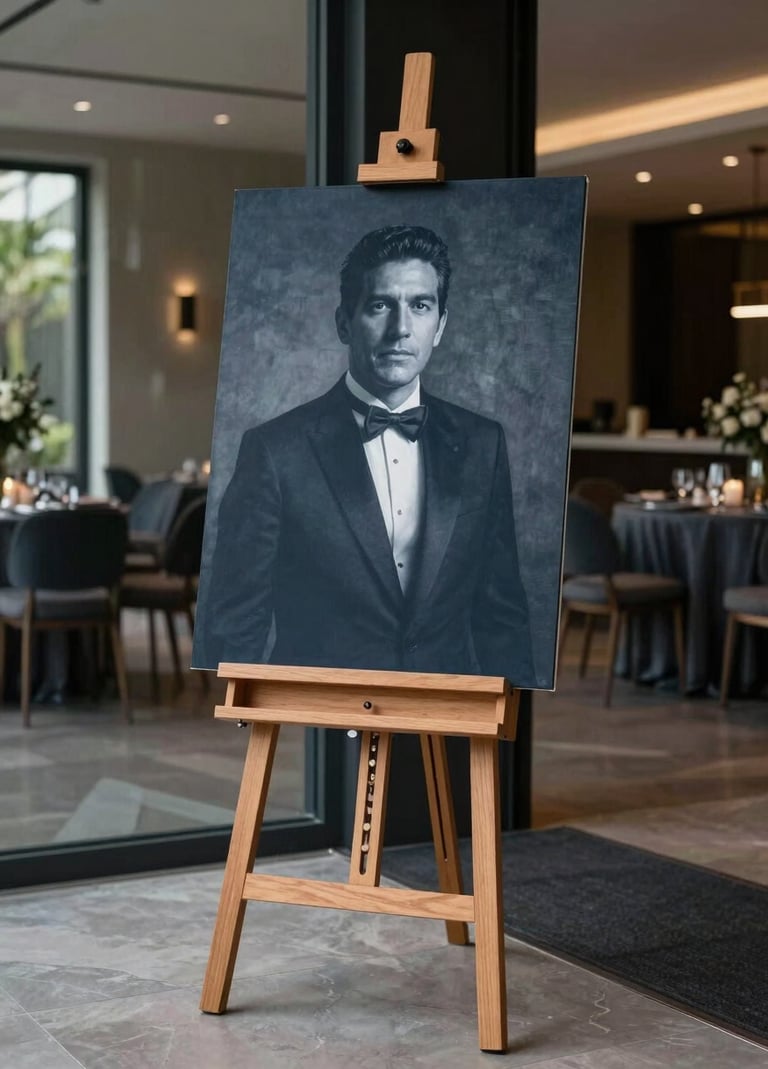 A high-quality photography shot of a large, elegant entrance portrait on a professional wooden easel, placed in a modern South American / Colombian event hall. The lighting is sophisticated, highlighting the deep charcoal and slate blue tones of the room decor.