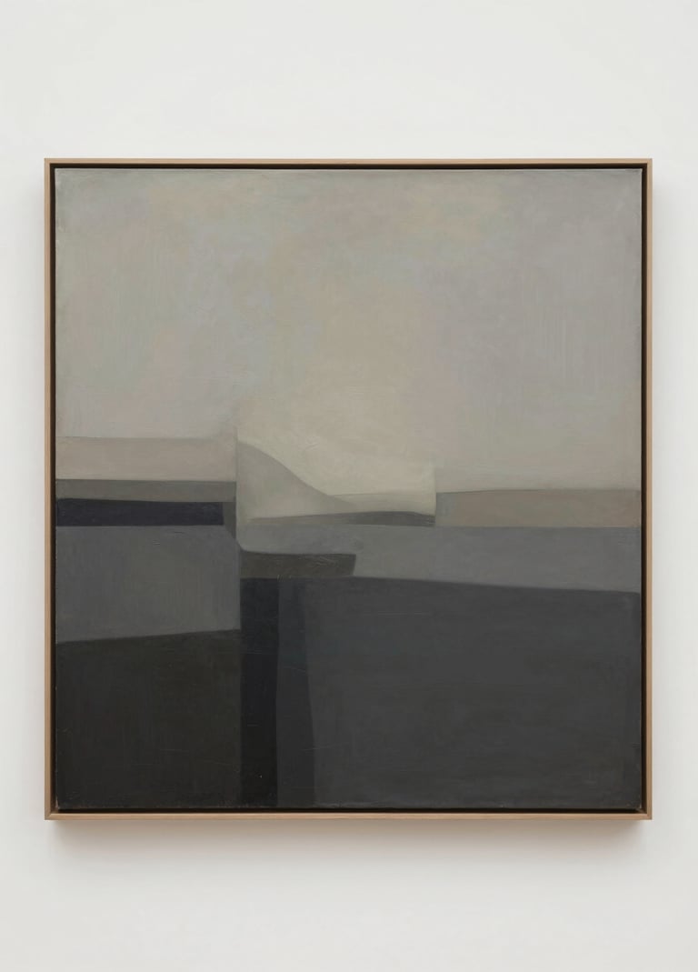 A sophisticated abstract landscape painting in muted shades of #5F5B54 and #CFC8B7, evoking a sense of calm and luxury, presented in a minimalist frame against an off-white gallery wall.