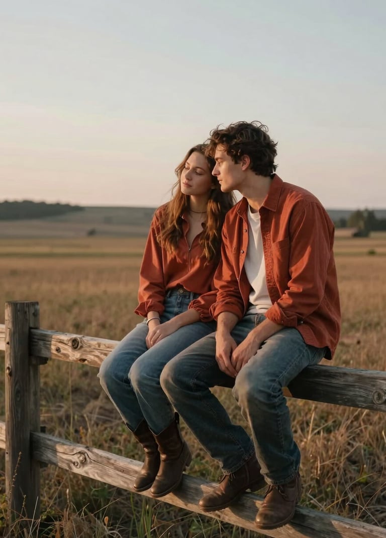 A young couple sitting on a wooden fence in a North American / General Western rural setting, leaning their heads together. Cinematic lighting, warm terracotta accents in their wardrobe, and a peaceful atmosphere.