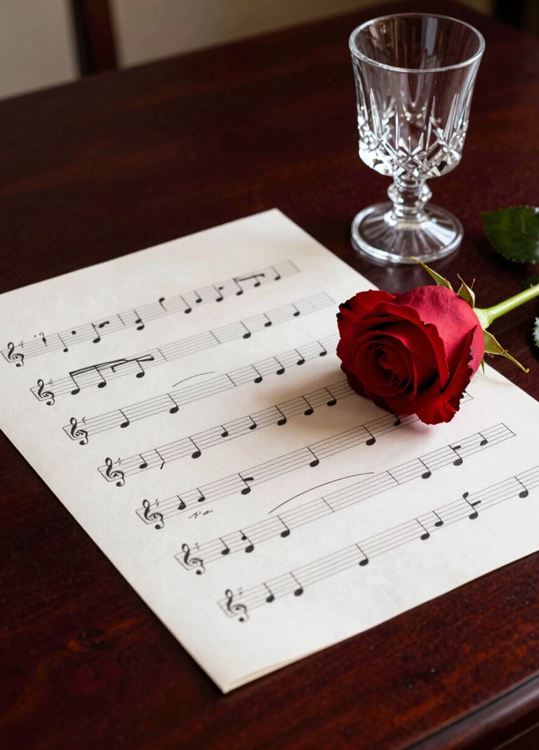 A close-up photograph of elegant sheet music, a single long-stemmed rose, and a crystal glass on a dark plum mahogany desk in a North American / US home studio. The lighting is soft, artistic, and emphasizes textures of paper and petals.