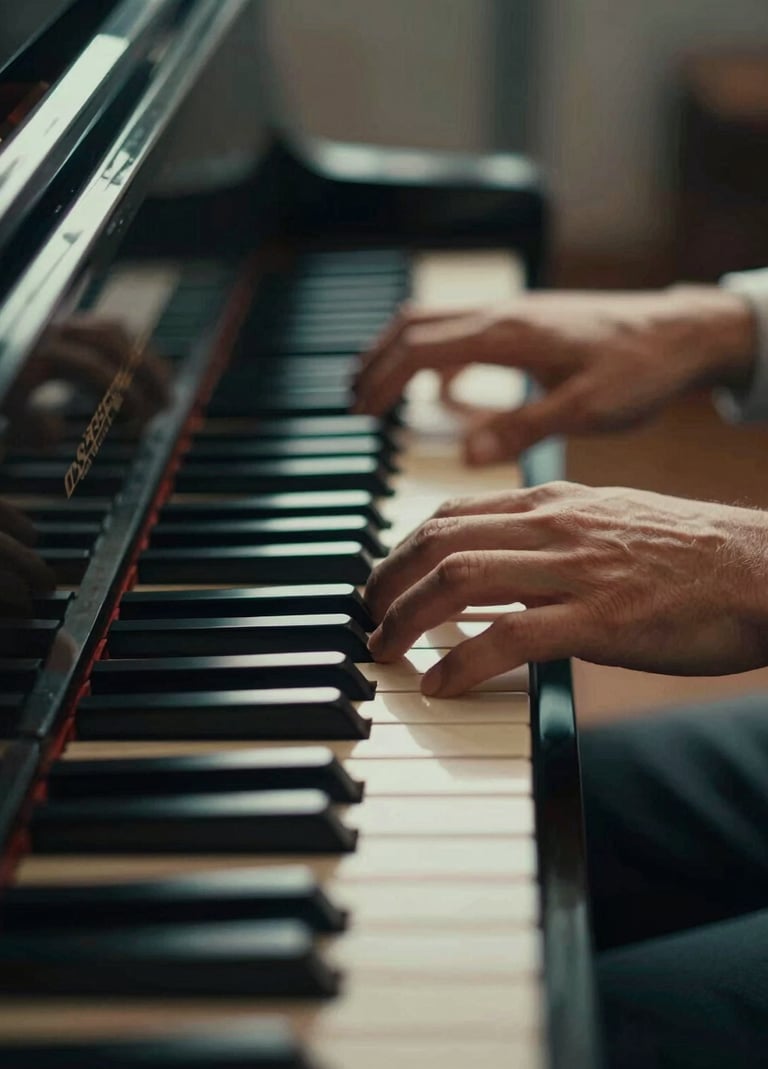 A close-up of Lyan Galindo's hands resting on ivory piano keys, captured in a warm, sophisticated light. The mood is one of peace and triumph. The surrounding environment features deep #1A2D3A shadows and a soft #91AA9D glow on the wooden surface of the instrument.