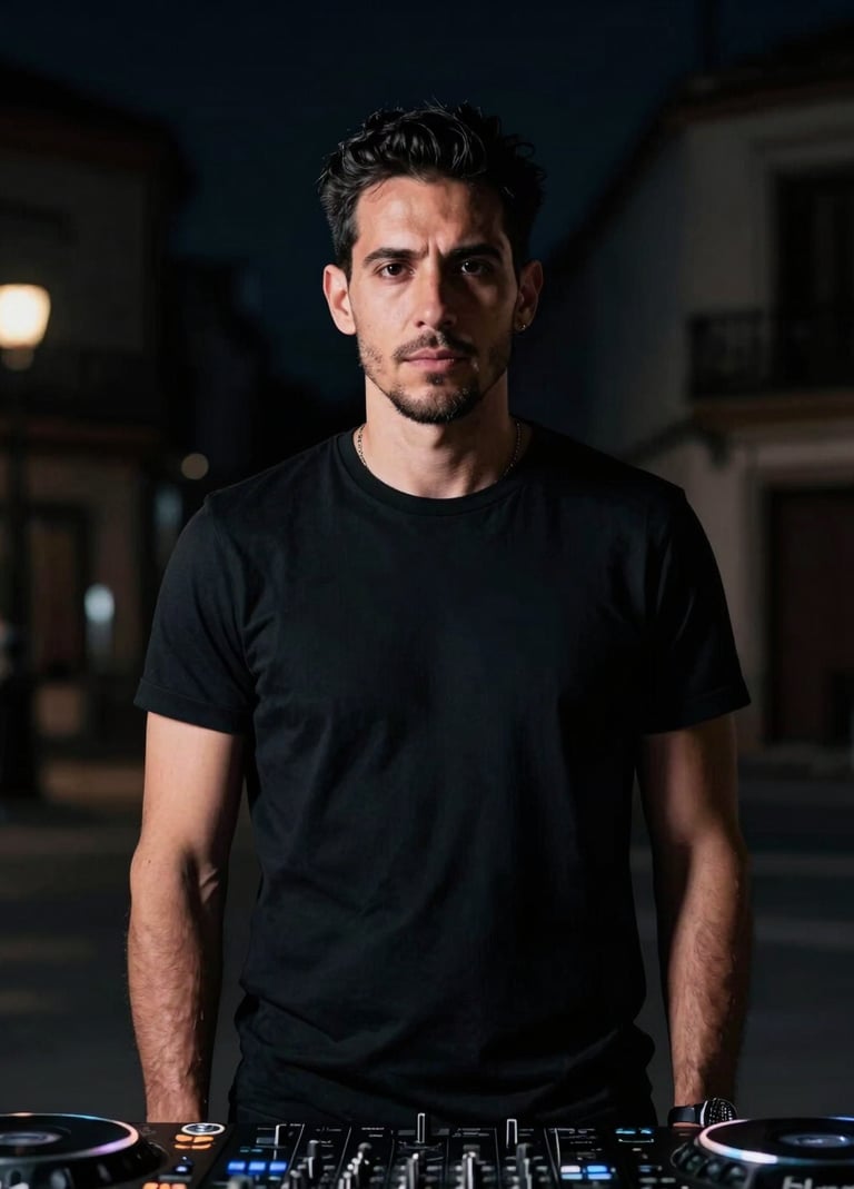 A minimalist, low-key artistic portrait of a professional DJ in a Spanish / Latin American urban setting at night. Only edges are defined by soft platinum backlighting. Deep obsidian background, sophisticated and solid professional presence.