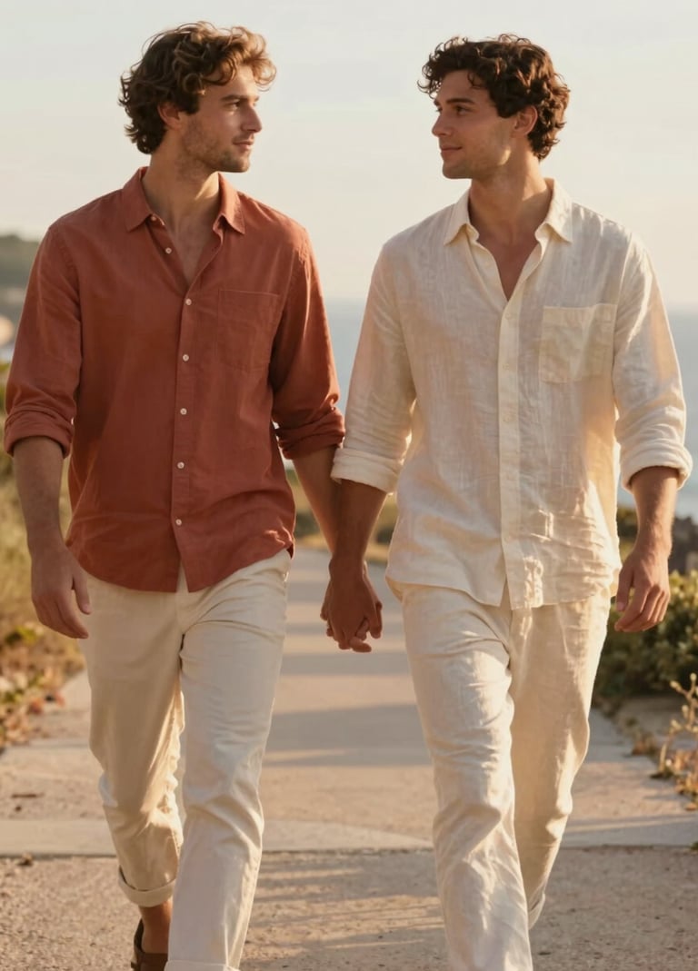 A vertical cinematic shot of a young couple walking hand-in-hand down a sun-drenched coastal path, wearing soft terracotta and cream linen, warm golden hour backlighting, soft focus background.