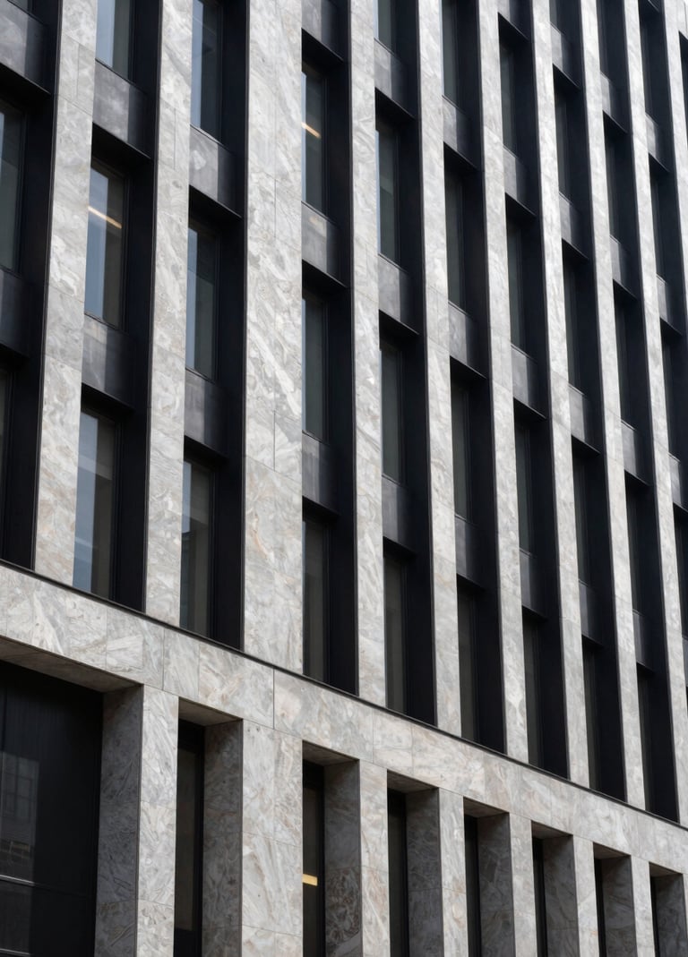A vertical shot showing the exterior facade of a contemporary building in a South American / Brazilian city. The design uses light silver grey stone and deep black steel frames. The lighting is bright and crisp, highlighting the precision of the architectural lines.
