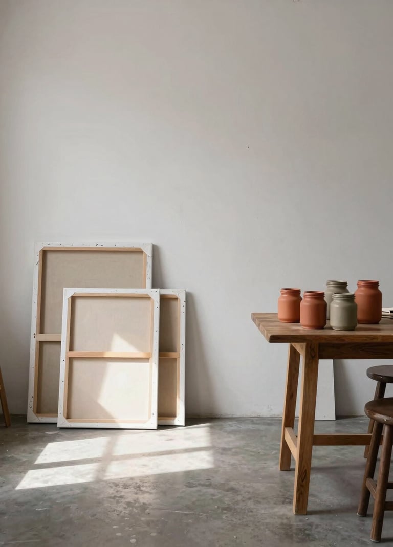 A detailed, wide shot of a minimalist artist studio in Buenos Aires. Canvases are leaned against walls, with jars of raw pigments in soft terracotta and earthy taupe organized on a wooden table. Natural light spills across a concrete floor, creating a professional and contemplative South American / Argentine artistic atmosphere.