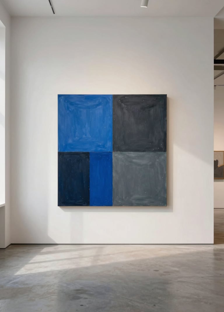 A wide shot of a finished art piece installed in a modern International / Urban Art Scene loft. The painting features vibrant blue and deep slate grey tones, contrasting against a minimalist soft off-white wall. Architectural shadows fall across the scene.