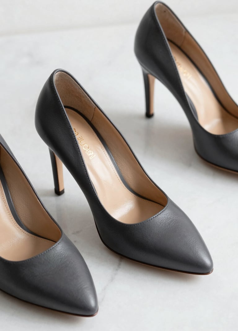 Detail photography of premium leather high heels in a dark charcoal grey shade, placed on a soft off-white marble surface, minimalist aesthetic with sharp focus, reflecting a luxury North American / Western European style.