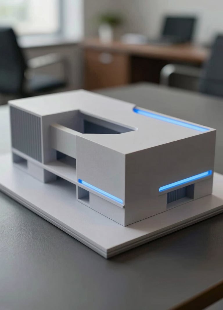 A close-up photograph of a sleek architectural model made of light gray materials, placed on a dark gray surface, with soft baby blue light accents reflecting off the edges, professional studio lighting, South American / Brazilian design office context.