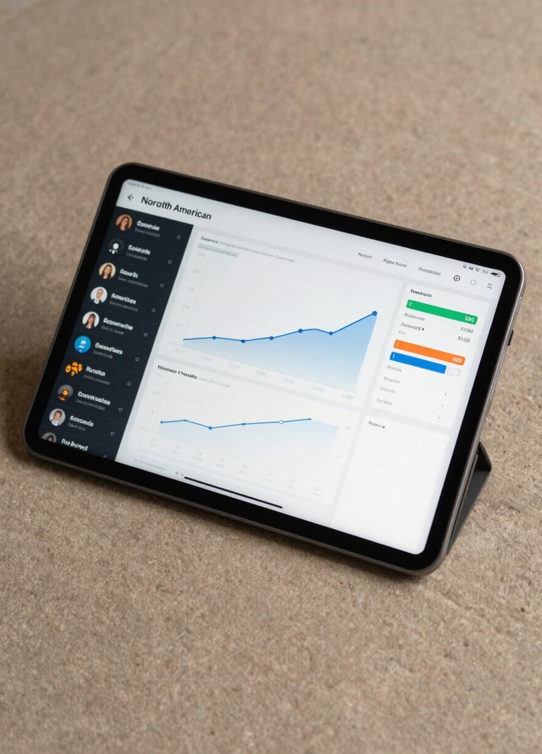 A modern tablet placed on a tan textured surface, displaying a social media campaign performance dashboard with rising graphs and positive engagement metrics. North American / Professional context.