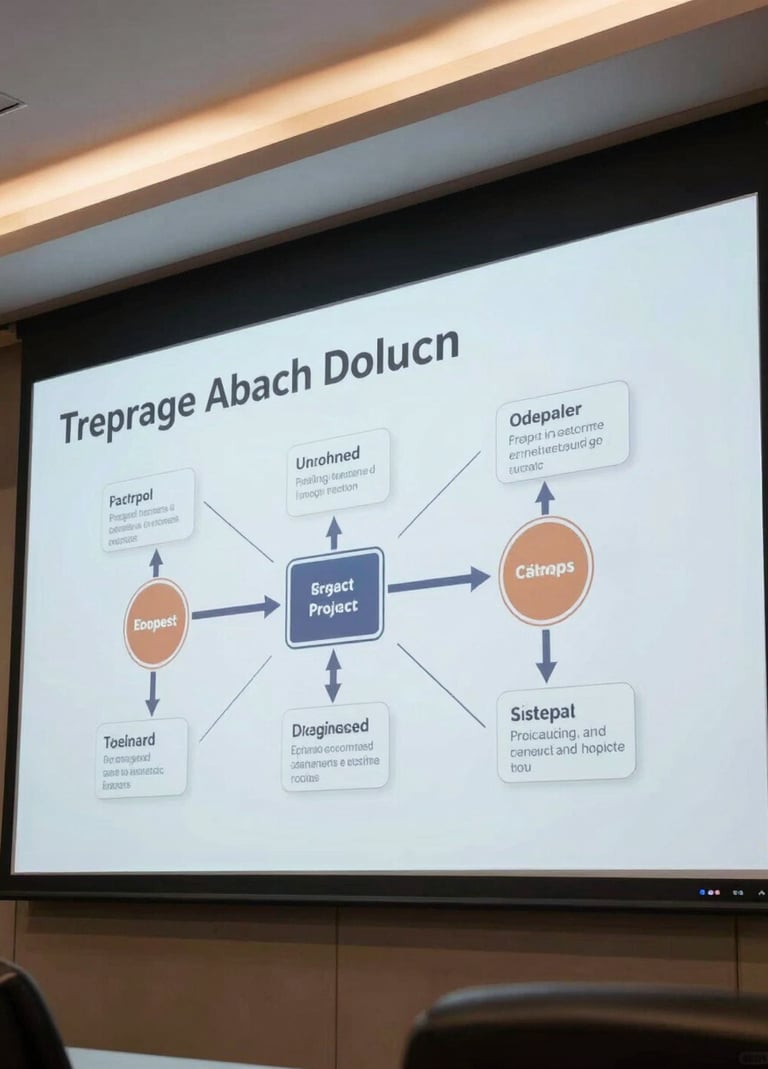 A digital presentation screen in a professional Southeast Asian / Indonesian hall, showing a successfully completed project roadmap. The lighting is sophisticated, emphasizing a clean and premium user experience.