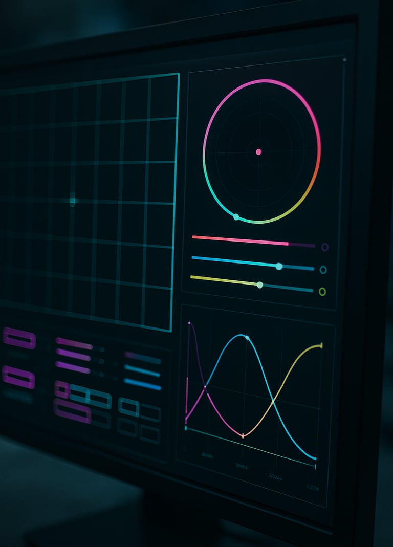 Close-up of a high-end editing monitor showing a digital grid and color grading interface, sharp focus on neon UI elements in magenta and cyan, technical studio atmosphere, East Asian / Korean urban.