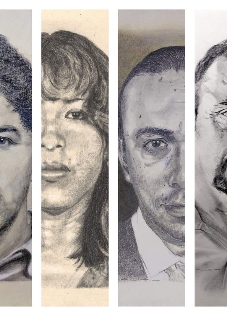 Colección de cuatro retratos realistas a grafito, rostros de hombres y mujeres en escala de grises