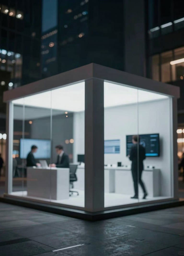 Editorial lifestyle photography of a sophisticated urban marketing installation at night. Cinematic lighting highlighting the intersection of technology and architecture. Muted tones with #111111 shadows and #F0EDE8 highlights. High-end agency aesthetic.