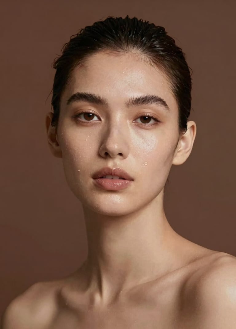 A vertical portrait of a model with a clean, dewy skin look, representing the aesthetics industry. The background is a solid deep matte brown #4B2E2B, creating a sophisticated contrast.